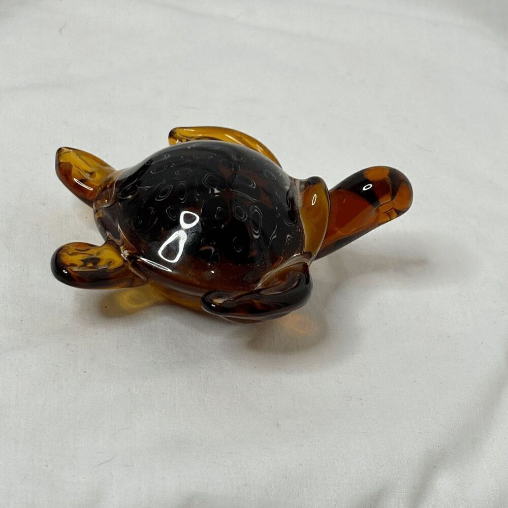 Turtle Glass Paperweight Hand Blown Amber Colored‎ Art Figurine Millefiori